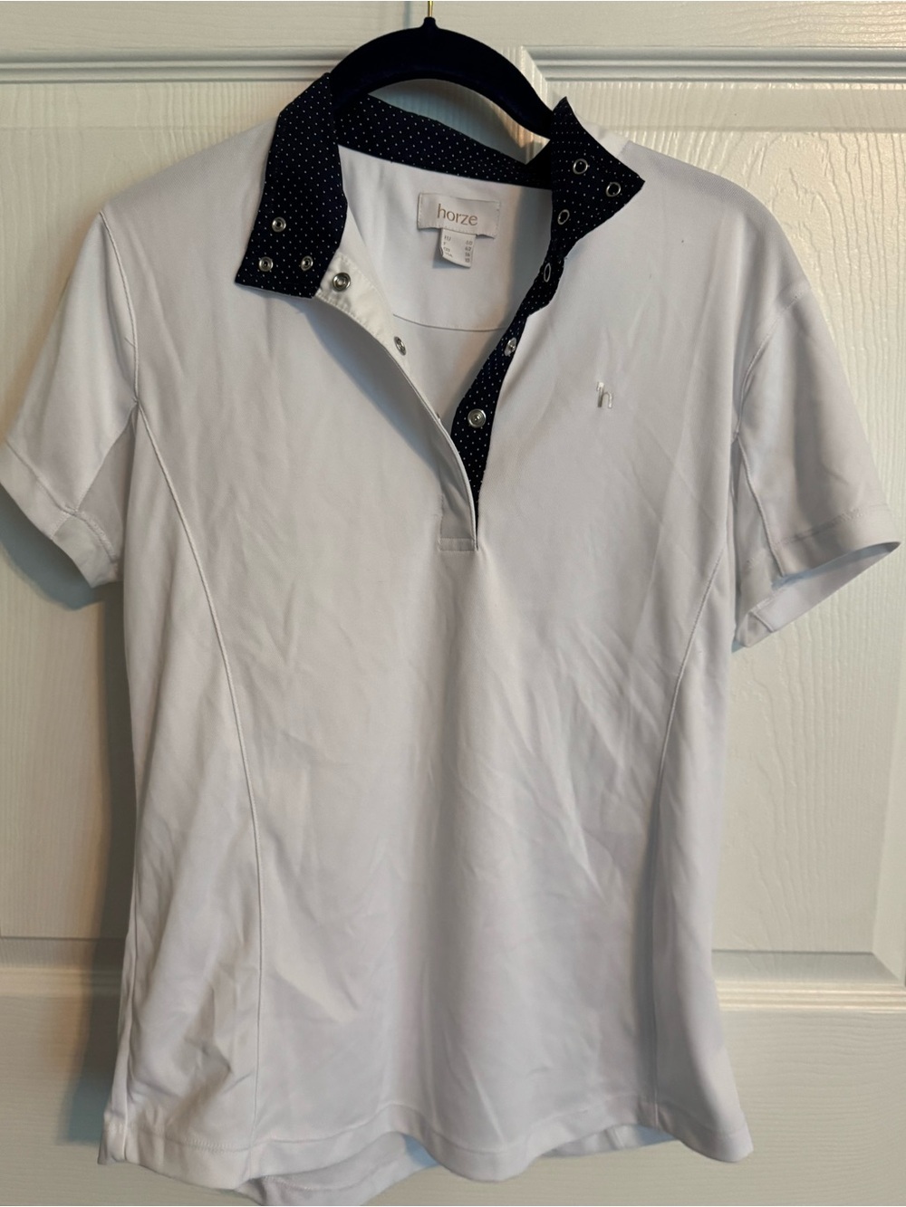 Horze White Polka Dot Collar Riding Polo Size 10